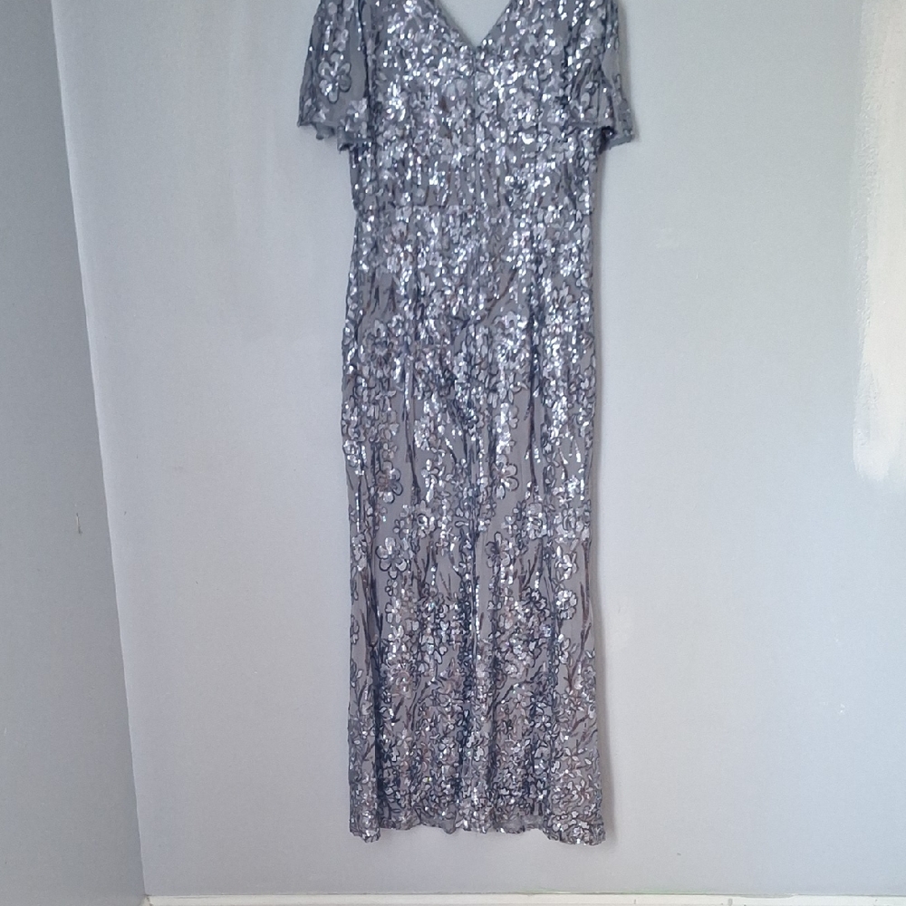 Alex Evenings Silver Sequin Floral Maxi Dress with V-Neck